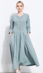 Pleated-Cotton-Maxi-Dress-dengan-lengan-panjang